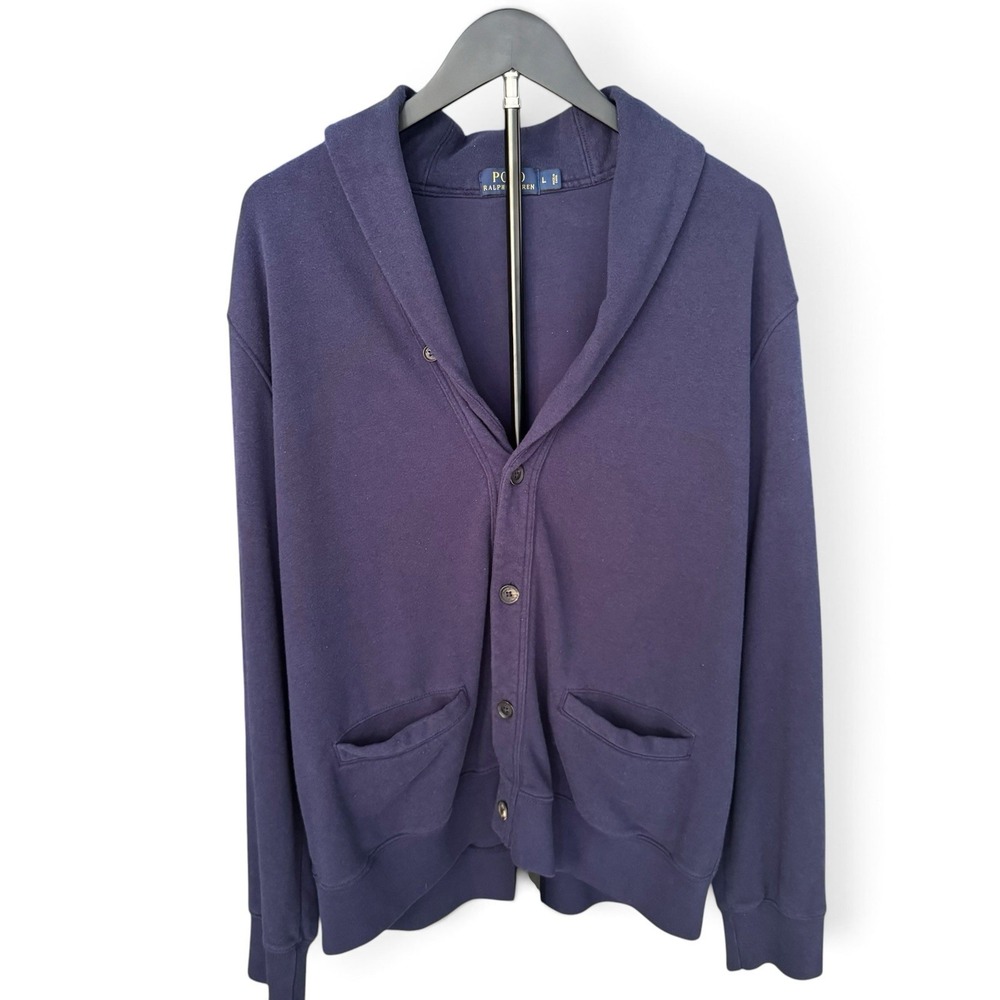 Polo Ralph Lauren Shawl Collar Cardigan Men L Blue Cotton Button Up Knit Sweater - Picture 9 of 15